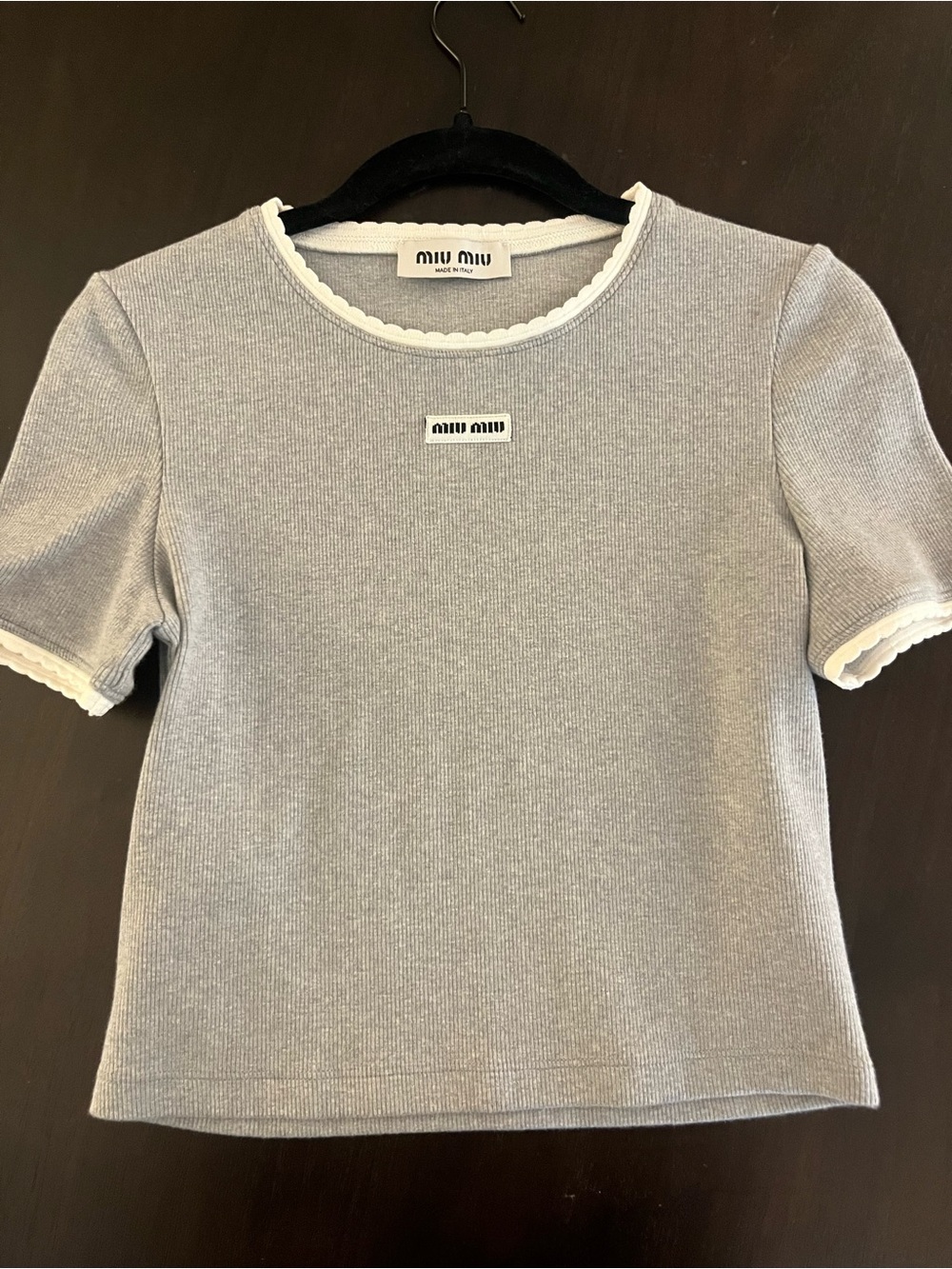 Miu Miu Light Grey Ribbed Short Sleeve Top (Medium)